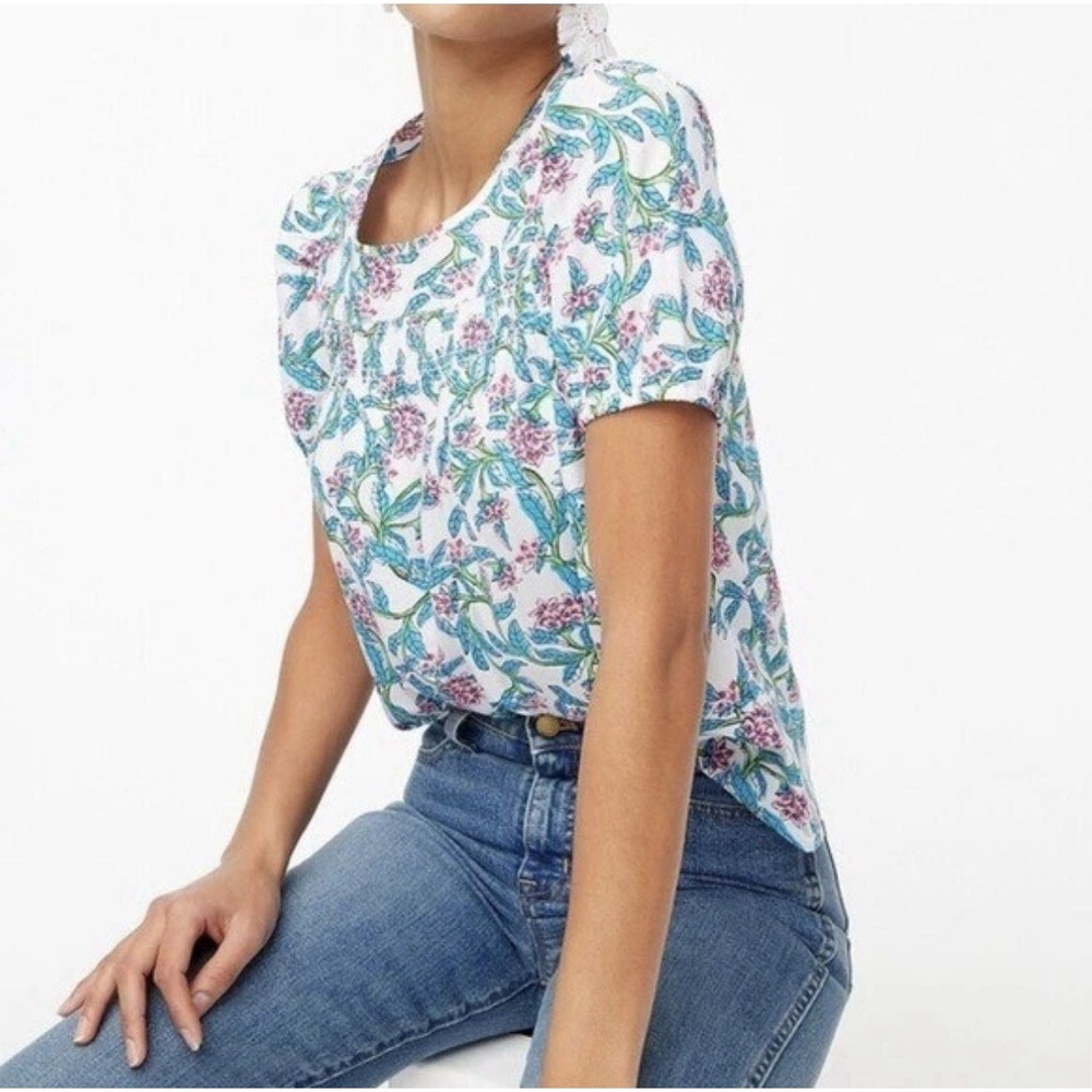 J Crew Factory Puff Sleeve Top Floral Print Smocked Cotton